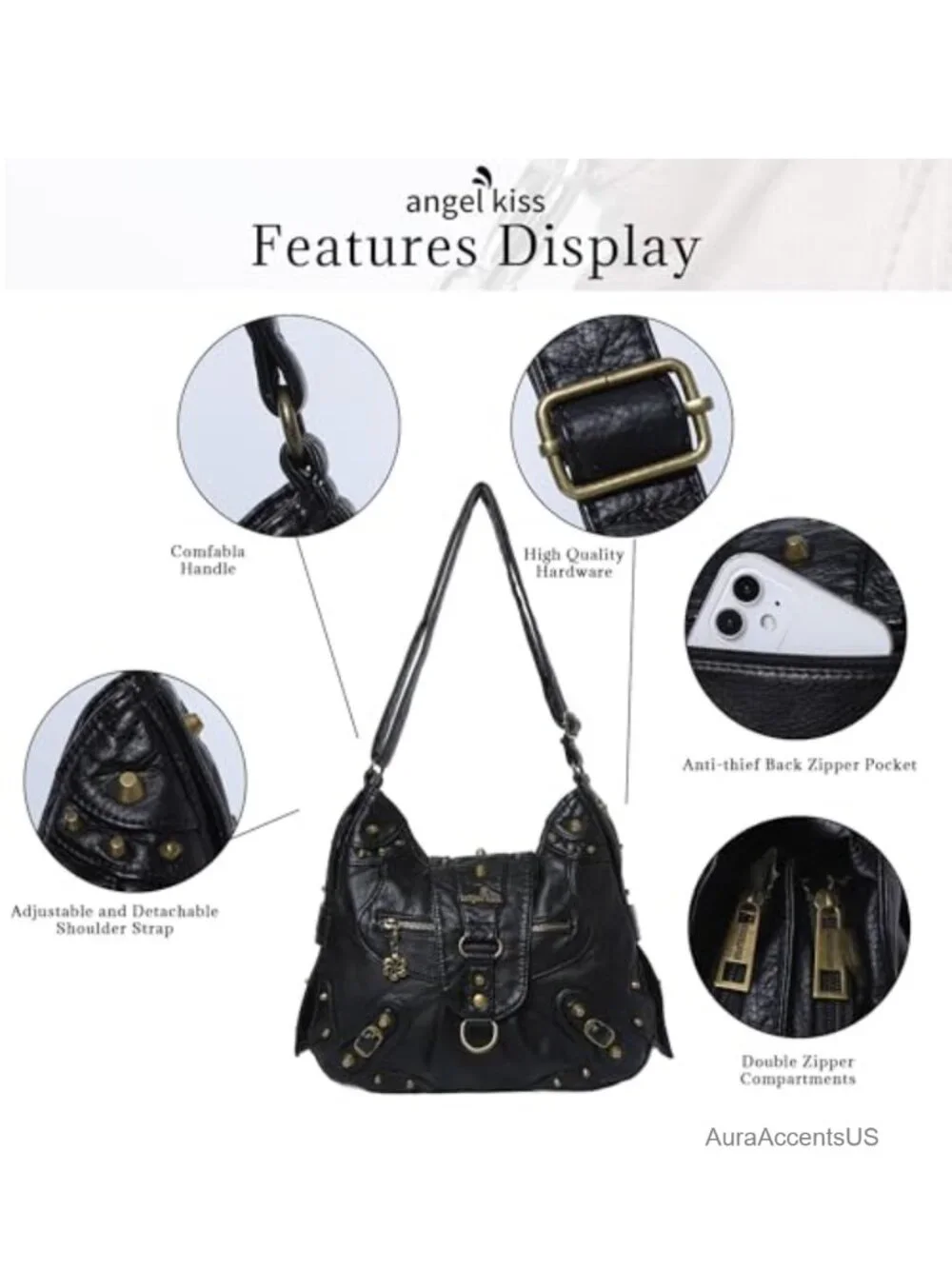 Studded Vegan Leather Hobo Bag Crossbody Shoulder Purse Medium